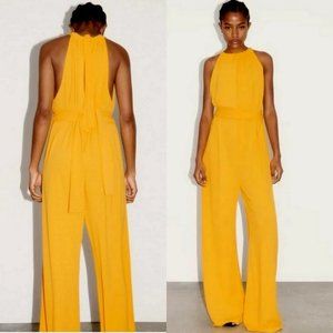 ZARA Dark Yellow Halter Wide Legs Belted Jumpsuit Small NWT